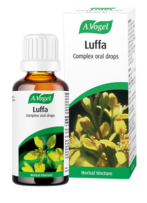 A 50ml bottle and box of A.Vogel Luffa Complex oral drops, a herbal tincture made from Luffa operculata and other botanical extracts.