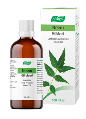 A 100ml bottle and box of A.Vogel Neem Oil blend, containing cold-pressed Neem oil for topical use.