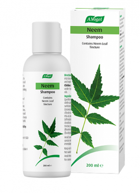 A bottle and box of A.Vogel Neem Shampoo, a 200ml hair care product containing Neem leaf tincture.