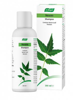 A bottle and box of A.Vogel Neem Shampoo, a 200ml hair care product containing Neem leaf tincture.