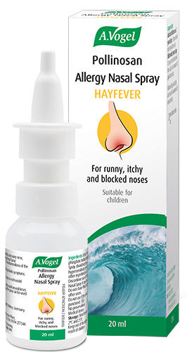 A 20ml bottle and box of A.Vogel Pollinosan Allergy Nasal Spray for hayfever, designed to relieve runny, itchy, and blocked noses.