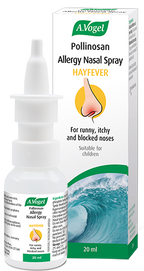 A 20ml bottle and box of A.Vogel Pollinosan Allergy Nasal Spray for hayfever, designed to relieve runny, itchy, and blocked noses.