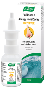 A 20ml bottle and box of A.Vogel Pollinosan Allergy Nasal Spray for hayfever, designed to relieve runny, itchy, and blocked noses.