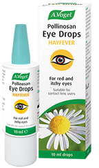 A 10ml bottle and box of A.Vogel Pollinosan Eye Drops for hayfever, formulated for red and itchy eyes and suitable for contact lens users.