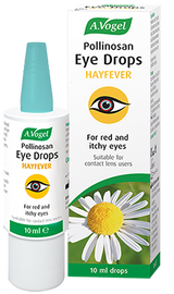 A 10ml bottle and box of A.Vogel Pollinosan Eye Drops for hayfever, formulated for red and itchy eyes and suitable for contact lens users.