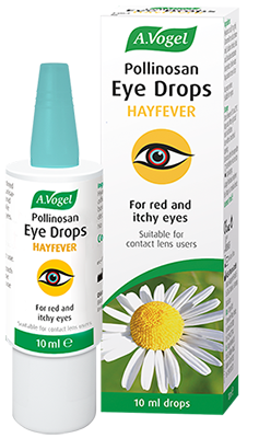 A 10ml bottle and box of A.Vogel Pollinosan Eye Drops for hayfever, formulated for red and itchy eyes and suitable for contact lens users.