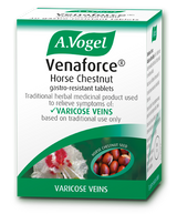 A box of A.Vogel Venaforce Horse Chestnut gastro-resistant tablets, a traditional herbal medicinal product used to relieve symptoms of varicose veins.