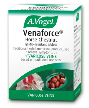 A box of A.Vogel Venaforce Horse Chestnut gastro-resistant tablets, a traditional herbal medicinal product used to relieve symptoms of varicose veins.