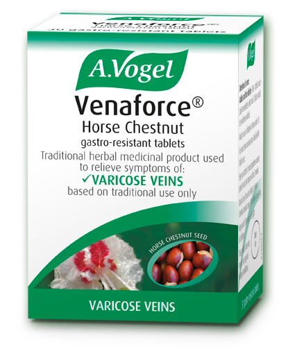A box of A.Vogel Venaforce Horse Chestnut gastro-resistant tablets, a traditional herbal medicinal product used to relieve symptoms of varicose veins.
