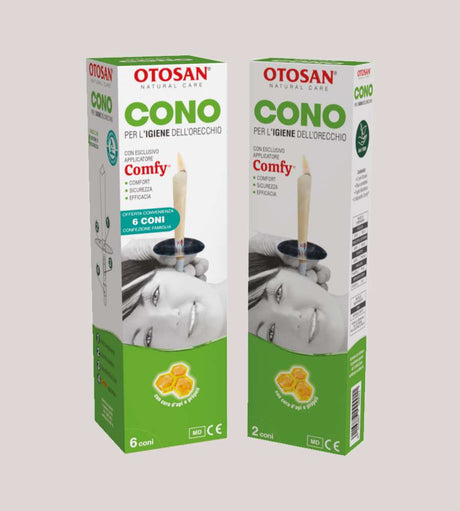 Otosan ear cones for ear hygiene, featuring the exclusive Comfy applicator for comfort, safety, and effectiveness, available in family packs of 6 or smaller packs of 2.