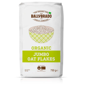Ballybrado Organic Jumbo Oat Flakes, 750g bag of high-quality, certified organic oats from an Irish family-run company.