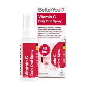 BetterYou Vitamin C Daily Oral Spray with natural cherry and pomegranate flavor, pill-free food supplement, 50ml bottle.