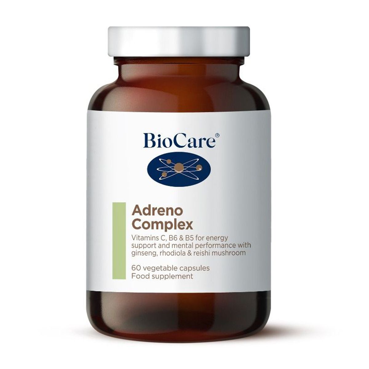 A 60-capsule amber glass jar of BioCare Adreno Complex food supplement with a white and lime green label and silver cap, isolated on a white background.