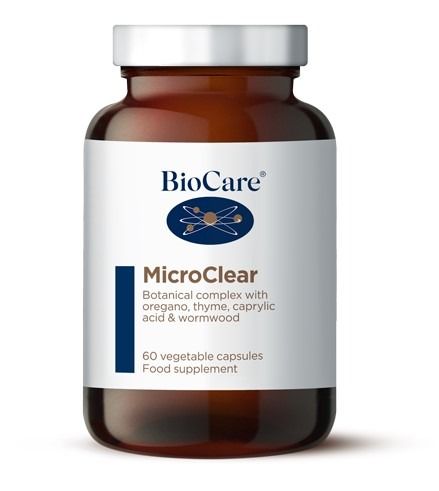 A 60-capsule amber glass jar of BioCare MicroClear botanical complex food supplement with a white and navy blue label and silver cap, isolated on a white background.