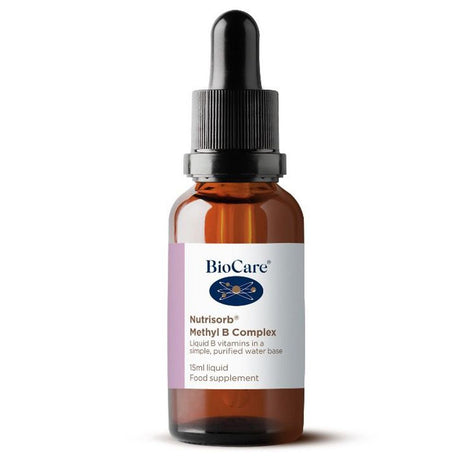 A 15ml amber glass dropper bottle of BioCare Nutrisorb Methyl B Complex liquid food supplement with a white and purple label, isolated on a white background.