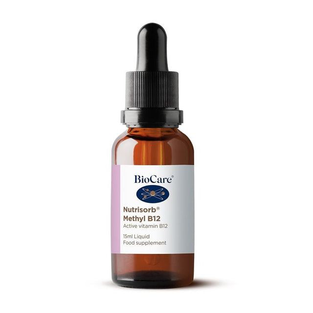 A 15ml amber glass dropper bottle of BioCare Nutrisorb Methyl B12 active vitamin B12 liquid food supplement with a white and purple label, isolated on a white background.