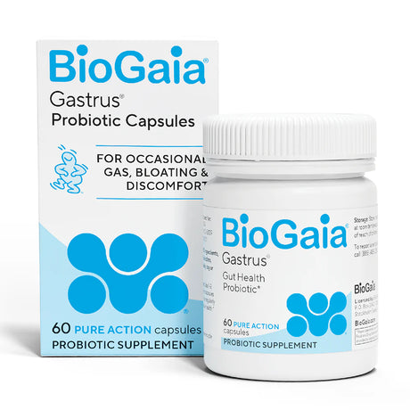 Front view of a white box and bottle of BioGaia Gastrus probiotic capsules for occasional gas and bloating, a product by BioGaia AB.