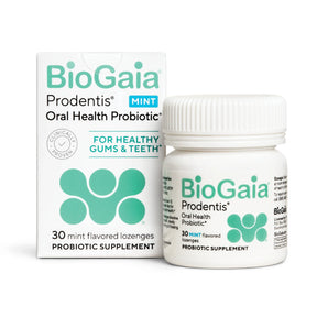 Box and bottle of BioGaia Prodentis Mint oral health probiotic lozenges.