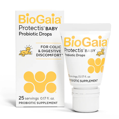 Front view of BioGaia Protectis Baby Probiotic Drops 0.17 fl. oz. box and tube, a probiotic supplement for colic and digestive discomfort.