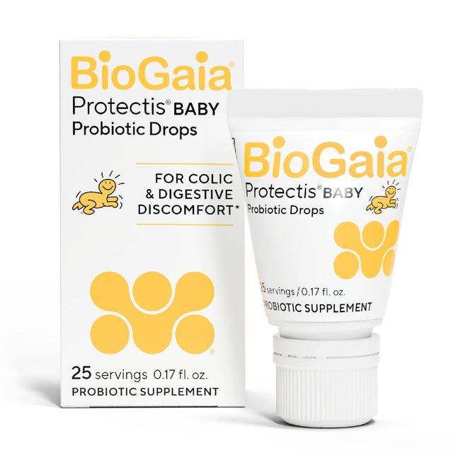 Front view of BioGaia Protectis Baby Probiotic Drops 0.17 fl. oz. box and tube, a probiotic supplement for colic and digestive discomfort.