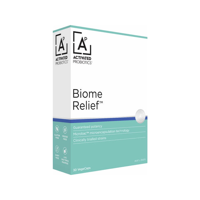 Activated Probiotics Biome Relief, 30 vegecaps, gluten-free and dairy-free probiotic supplement.