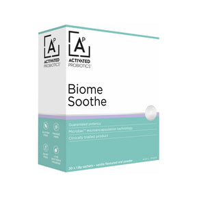 Activated Probiotics Biome Soothe, 30 x 1.8g vanilla-flavored probiotic oral powder sachets, gluten-free and dairy-free.