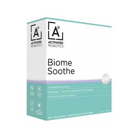 Activated Probiotics Biome Soothe, 30 x 1.8g vanilla-flavored probiotic oral powder sachets, gluten-free and dairy-free.