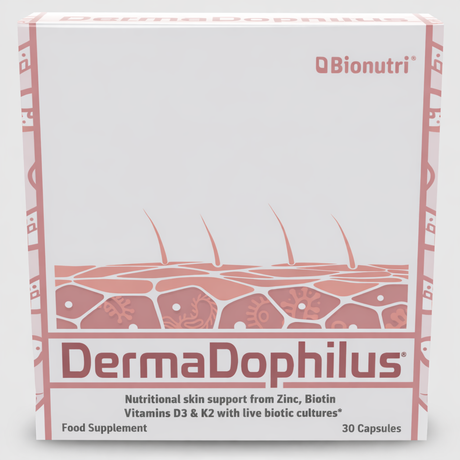 Bionutri DermaDophilus food supplement for nutritional skin support with Zinc, Biotin, and Vitamins D3 & K2, 30 capsules.
