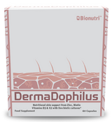 Bionutri DermaDophilus food supplement for nutritional skin support with Zinc, Biotin, and Vitamins D3 & K2, 60 capsules.