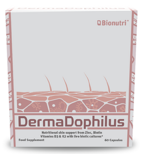 Bionutri DermaDophilus food supplement for nutritional skin support with Zinc, Biotin, and Vitamins D3 & K2, 60 capsules.
