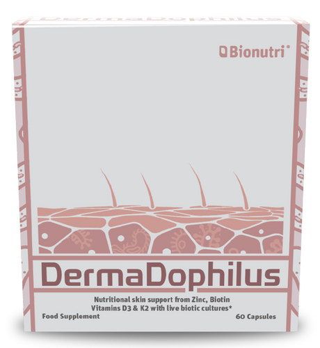 Bionutri DermaDophilus food supplement for nutritional skin support with Zinc, Biotin, and Vitamins D3 & K2, 60 capsules.