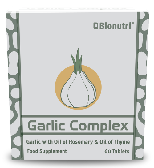 Bionutri Garlic Complex food supplement with Oil of Rosemary and Oil of Thyme, 60 tablets.