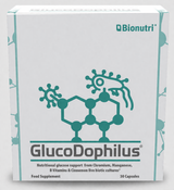 Bionutri GlucoDophilus food supplement for nutritional glucose support with Chromium, Manganese, and B Vitamins, 30 capsules.