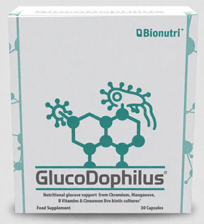 Bionutri GlucoDophilus food supplement for nutritional glucose support with Chromium, Manganese, and B Vitamins, 30 capsules.