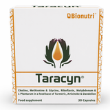 Bionutri Taracyn food supplement containing Choline, Methionine, and L-Plantarum in a botanical food base, 30 capsules.