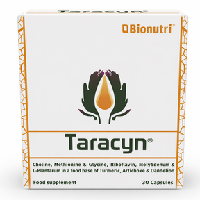 Bionutri Taracyn food supplement containing Choline, Methionine, and L-Plantarum in a botanical food base, 30 capsules.
