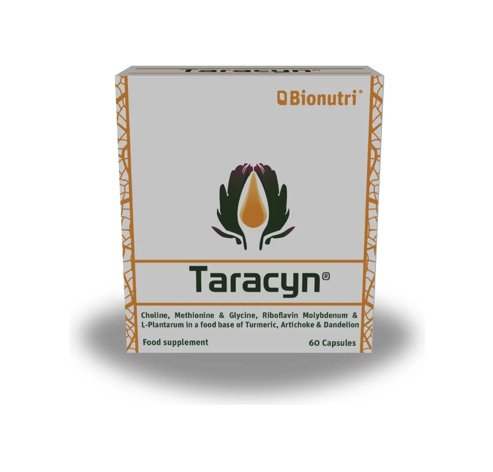Bionutri Taracyn food supplement with Choline, Methionine, and L-Plantarum in a botanical base, 60 capsules.