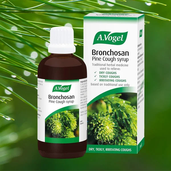 A.Vogel Bronchosan Pine Cough syrup, a traditional herbal medicine formulated to relieve dry, tickly, and irritating coughs, shown in its bottle alongside its product packaging.