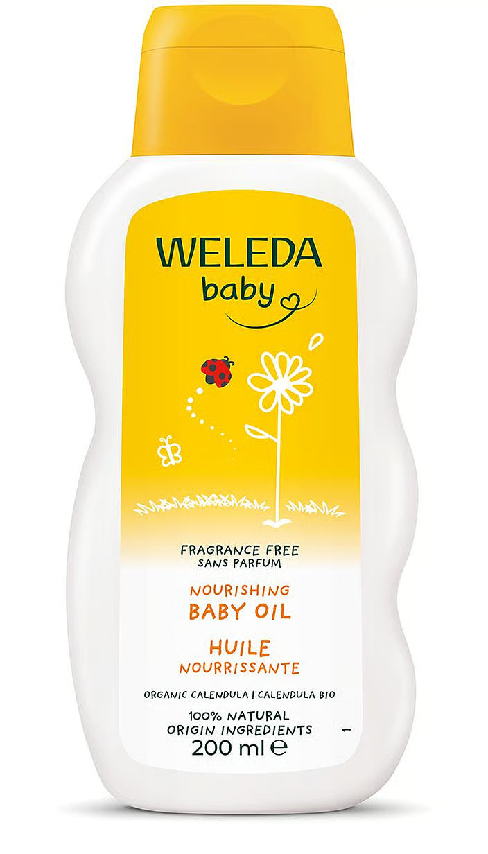 Weleda Baby fragrance-free nourishing body oil with organic calendula extract.