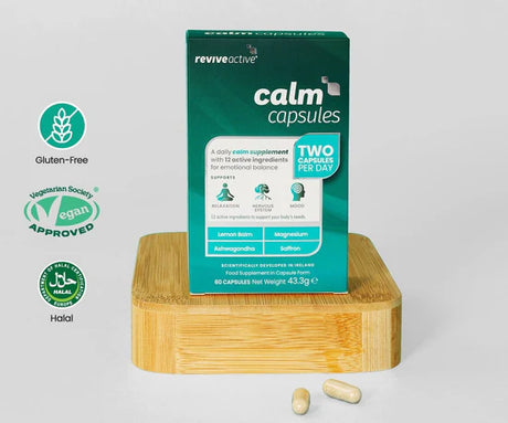 Revive Active Calm capsules with KSM-66 Ashwagandha and L-Theanine for stress relief and mental balance 60 pack.