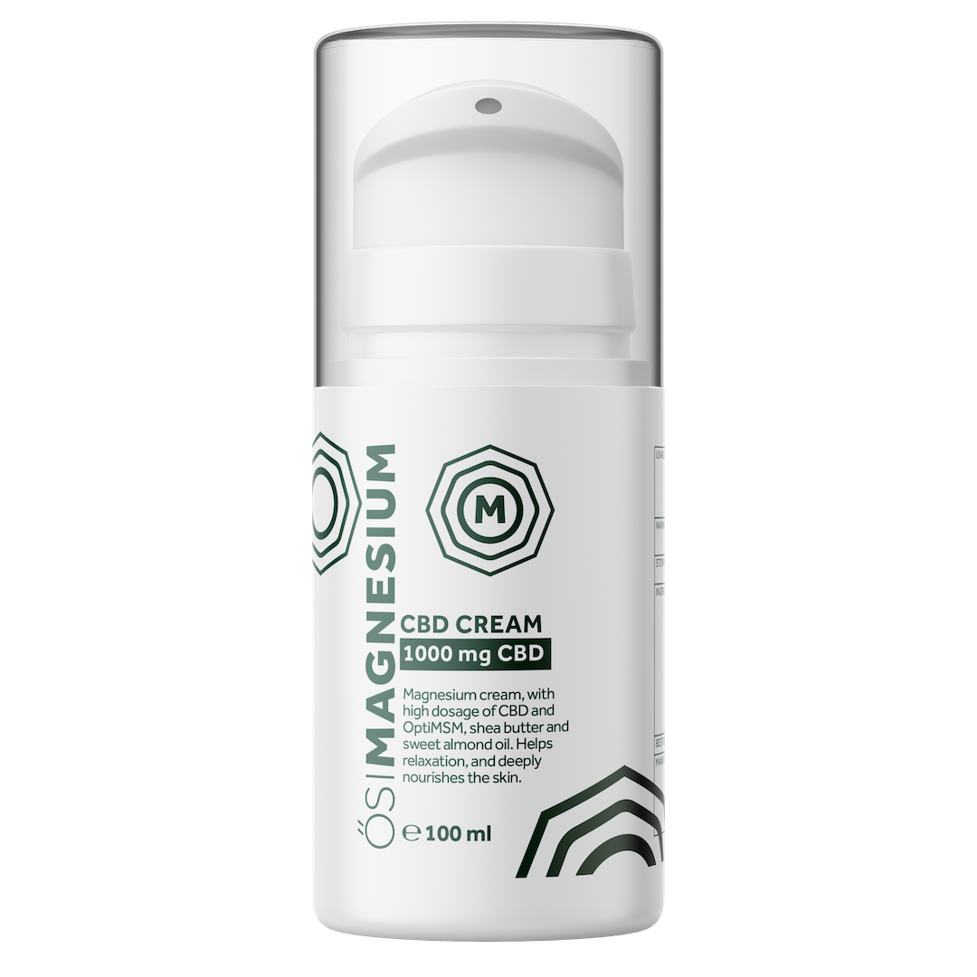 ÓSIMAGNESIUM 100ml CBD cream containing 1000mg CBD, formulated with OptiMSM, shea butter, and sweet almond oil to nourish skin and aid relaxation.