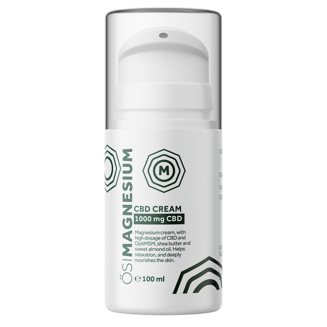 ÓSIMAGNESIUM 100ml CBD cream containing 1000mg CBD, formulated with OptiMSM, shea butter, and sweet almond oil to nourish skin and aid relaxation.