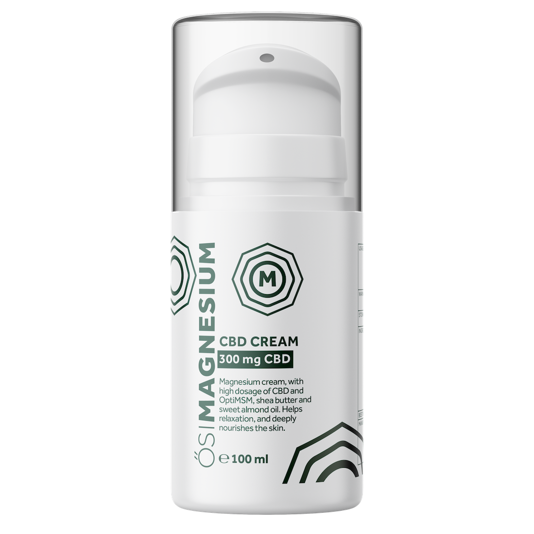 A 100 ml bottle of ÓSIMAGNESIUM CBD Cream, containing 300 mg of CBD. This magnesium cream is formulated with OptiMSM, shea butter, and sweet almond oil, and is intended to help with relaxation and deeply nourish the skin.