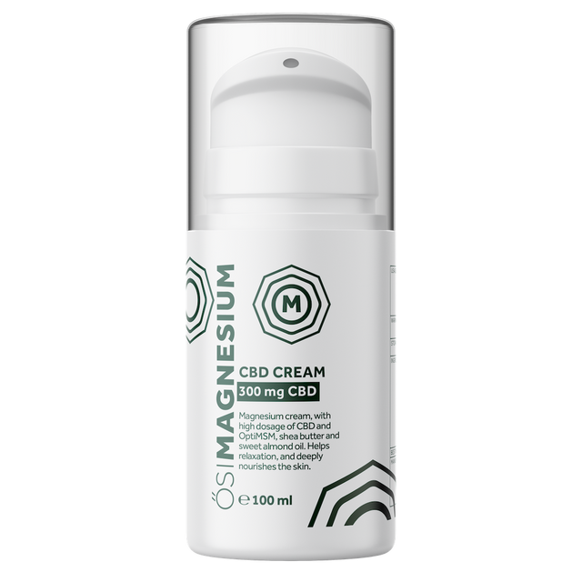 A 100 ml bottle of ÓSIMAGNESIUM CBD Cream, containing 300 mg of CBD. This magnesium cream is formulated with OptiMSM, shea butter, and sweet almond oil, and is intended to help with relaxation and deeply nourish the skin.