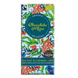 An 80g bar of Chocolate and Love Organic Sea Salt & Caramel 55% cocoa chocolate, featuring a colourful tropical floral pattern with a dark teal central label.