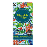 An 80g bar of Chocolate and Love Organic Sea Salt & Caramel 55% cocoa chocolate, featuring a colourful tropical floral pattern with a dark teal central label.