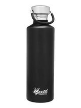 Cheeki classic stainless steel water bottle in matte black, medium size, featuring a silver cap with a carry loop.