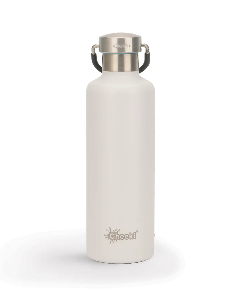 "White Cheeki classic water bottle featuring a stainless steel cap and handle design."