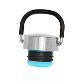 Cheeki classic stainless steel water bottle lid, featuring a silver finish, a black carry loop, and a blue silicone seal.