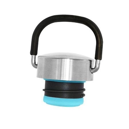 Cheeki classic stainless steel water bottle lid, featuring a silver finish, a black carry loop, and a blue silicone seal.